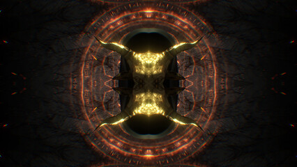 An abstract background featuring strange golden horns with esoteric elements and glowing lines.