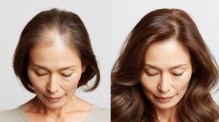 Woman's scalp showing thinning hair before and dense, healthy hair volume after a hair treatment restoration successful