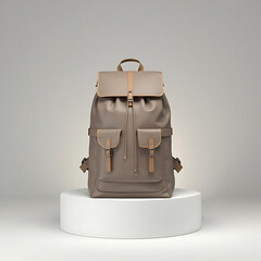 Brown and Tan Leather Backpack Displayed on a White Pedestal