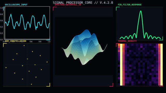 Signal Processor Core Dashboard Visualizing Oscilloscope Input, QAM Constellation, FIR Filter Response, Spectral Waterfall and Thermal Density Analysis
