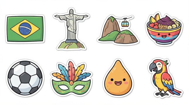 simple brazil sticker set featuring national flag landmarks traditional food and cultural icons cartoon style