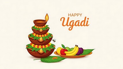 Colorful Ugadi celebration with stacked clay lamps and fruits on a leaf plate
