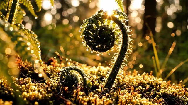 A close-up of dewy fern fronds curled up in a lush green environment with sunlight shining through