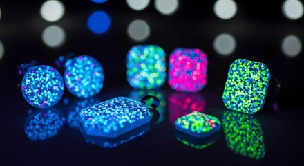 Glowing Neon Dice on Black Background.