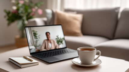 Online video call laptop, coffee cup, notebook, home office desk. Remote work, virtual meeting, distance learning, telehealth consultation. Cozy living room workspace, professional communication setup