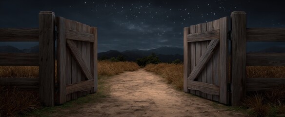 an open wooden gate invites a journey filled with hope and wonder