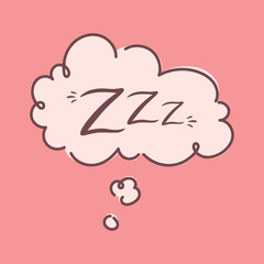 Cute sleeping thought bubble with zzz text on pink background. Hand drawn dreaming cloud for rest nap and bedtime. Cozy illustration in soft pastel style for relaxation calm mood and wellness themes