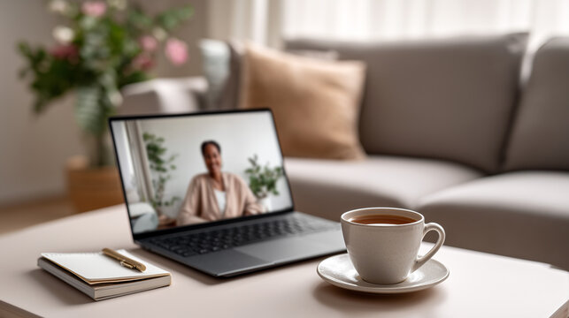 Online video call laptop, coffee cup, notebook, home office desk. Remote work, virtual meeting, distance learning, telehealth consultation. Cozy living room workspace, professional communication setup - Powered by Adobe