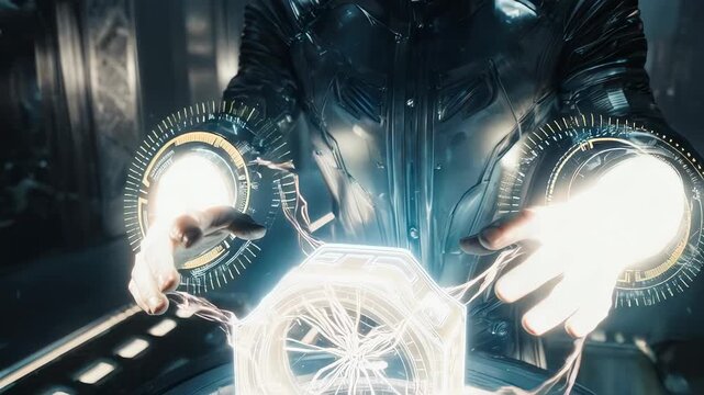 expert manipulating hologram in hightech control room with plasma effects and responsive