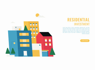 Flat vector illustration of colorful residential buildings for real estate investment landing page featuring a modern cityscape and urban houses.