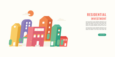 Flat vector illustration of colorful residential buildings for real estate investment landing page featuring a modern cityscape and urban houses.