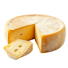 Whole and sliced cheese wheel isolated on transparent background