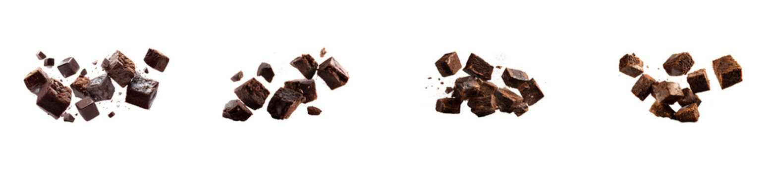 Delicious chocolate brownie pieces and rich dark chocolate squares captured midair, perfect for sweet dessert advertisements and confectionary promotions