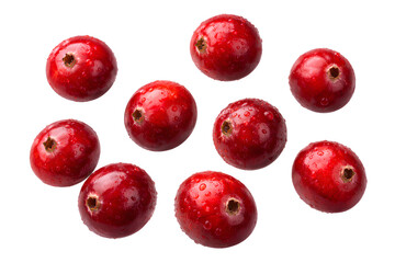 fresh red cranberries isolated on transparent background arranged in a clean minimal composition showing glossy texture and natural water droplets for food, health and ingredient concepts
