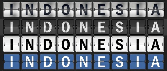 indonesia airport split flap display title set with the word indonesia spelled across flipboard tiles includes four different board styles