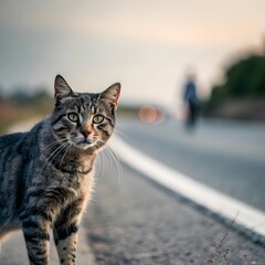 Curious tabby cat standing on a quiet road