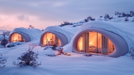 Unique small homes in snowy landscape with soft evening light in winter setting