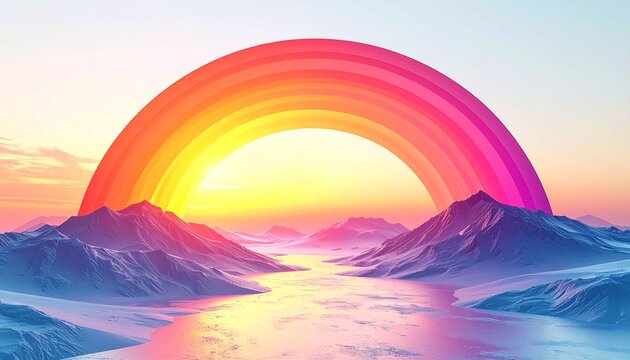 Vibrant rainbow over serene mountain landscape.