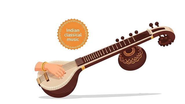 Hand playing traditional Indian sitar musical instrument classical