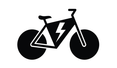 Black and white icon of an electric bicycle with a lightning bolt