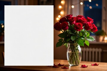 Roses in a vase placed on a table with soft lights in the background during the evening with blank copy space