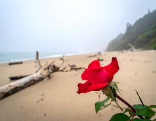 Vibrant red rose on a sandy beach with driftwood under cloudy skies