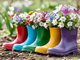 Colorful boots filled with flowers placed in a garden during springtime