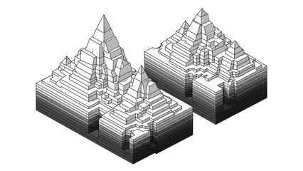 3D mountain landscape with peaks and valleys in grayscale