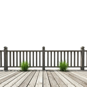 Weathered wooden deck with railing and green plants on transparent background
