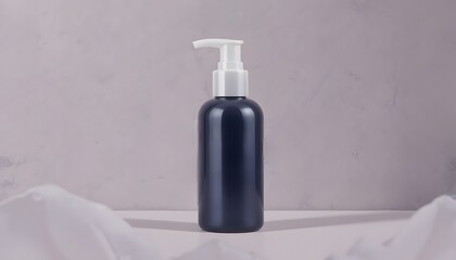 Dark blue pump bottle on minimalist white marble surface