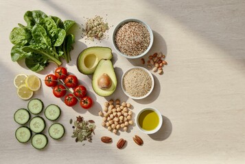 Fresh vegetables and seeds on a table prepare for a healthy meal or salad in a bright kitchen setting