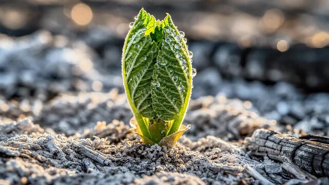 A green plant emerges from the ashes of a burnt landscape