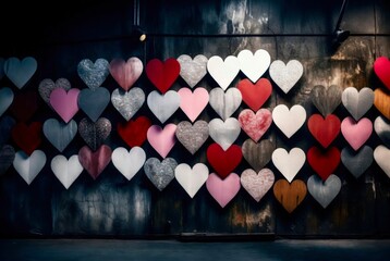 Colorful hearts on a wall in an indoor space during daytime near a city center attracting visitors and expressing love and affection