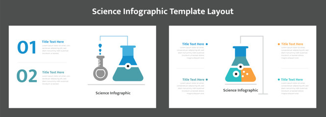 Science infographic template layout. A modern infographic template showcases laboratory glassware including a flask and a beaker with liquid