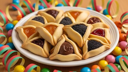Plate of triangular pastries with colorful fillings on festive table