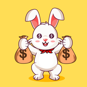 Cute Rabbit with Dollar Eyes Holding Money Bags Vector Illustration Cartoon Design
