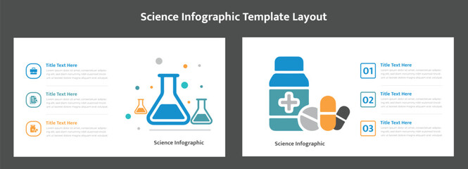 Science infographic template layout. Infographic template displaying laboratory flasks and medical pill bottle icons for scientific and healthcare topics