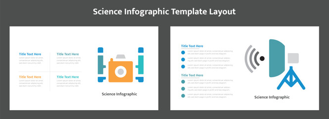 Science infographic template layout. Simple visual representations illustrating scientific equipment and communication technology on an infographic template
