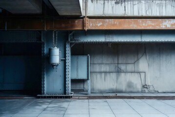 Rusty metal supports hold up concrete structure in industrial space during daylight hours