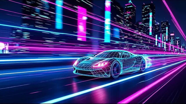 3D render holographic wireframe sports car side view, driving in neon city night, automotive aerodynamics design and CAD engineering blueprint concept video footage.