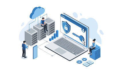 Detailed isometric illustration of cybersecurity and cloud computing featuring IT experts managing server racks and data protection on a laptop with a shield lock and secure network connections