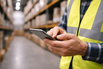 Warehouse worker using a smartphone for inventory management and logistics operations