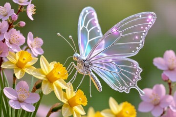 Butterfly lands on flowers during daytime in a garden setting with colorful blooms and soft lighting