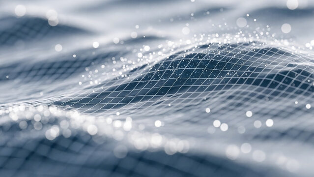 Abstract digital wave pattern with shimmering particles and grid overlay - Powered by Adobe