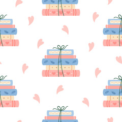 Romance books seamless pattern, Valentine bookish background, Book lover, Valentines day, Love bookstore vector illustration.