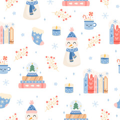 Cute winter seamless pattern with snowman, books, candle, sock, festive mug and branches. Christmas bookish background, Book lover print, Cozy reading, Pastel bookstore vector illustration.