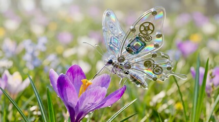 Robot butterfly with mechanical features hovering over a purple flower in a field during daytime