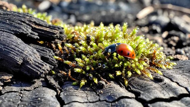 A ladybug on a charred wooden surface with green plant growth