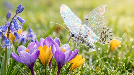 Colorful mechanical butterfly sitting on flowers in garden during spring morning light