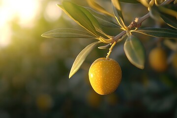 Golden hue highlights ripening yellow olives on idyllic grove branch in warm Mediterranean sunlight